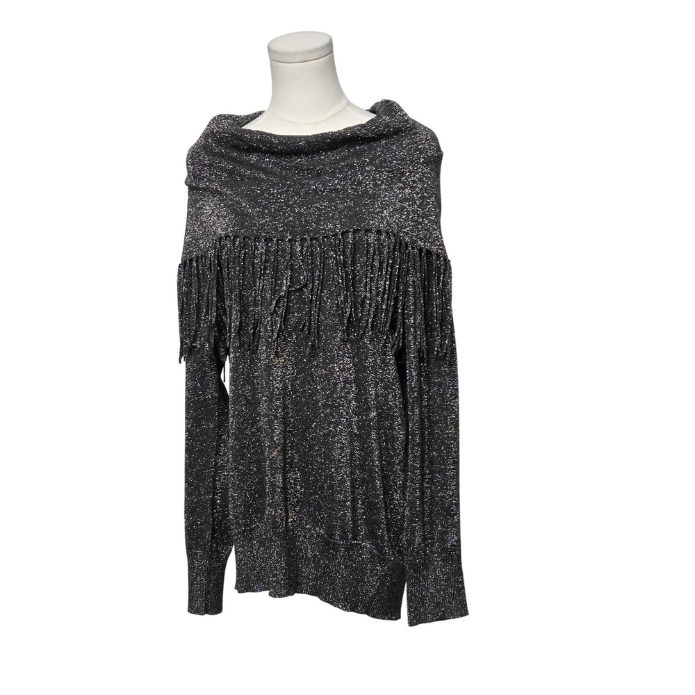 Michael Kors Sweater Womens NWT Large Black Silver Metallic Fringe Shimmer